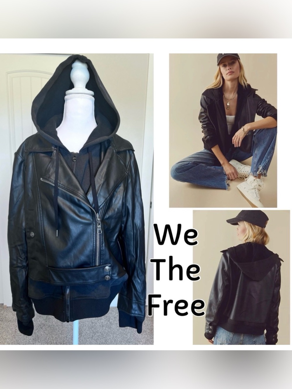 We The Free It Girl Black Hooded Vegan Leather Moto Jacket Sz Medium